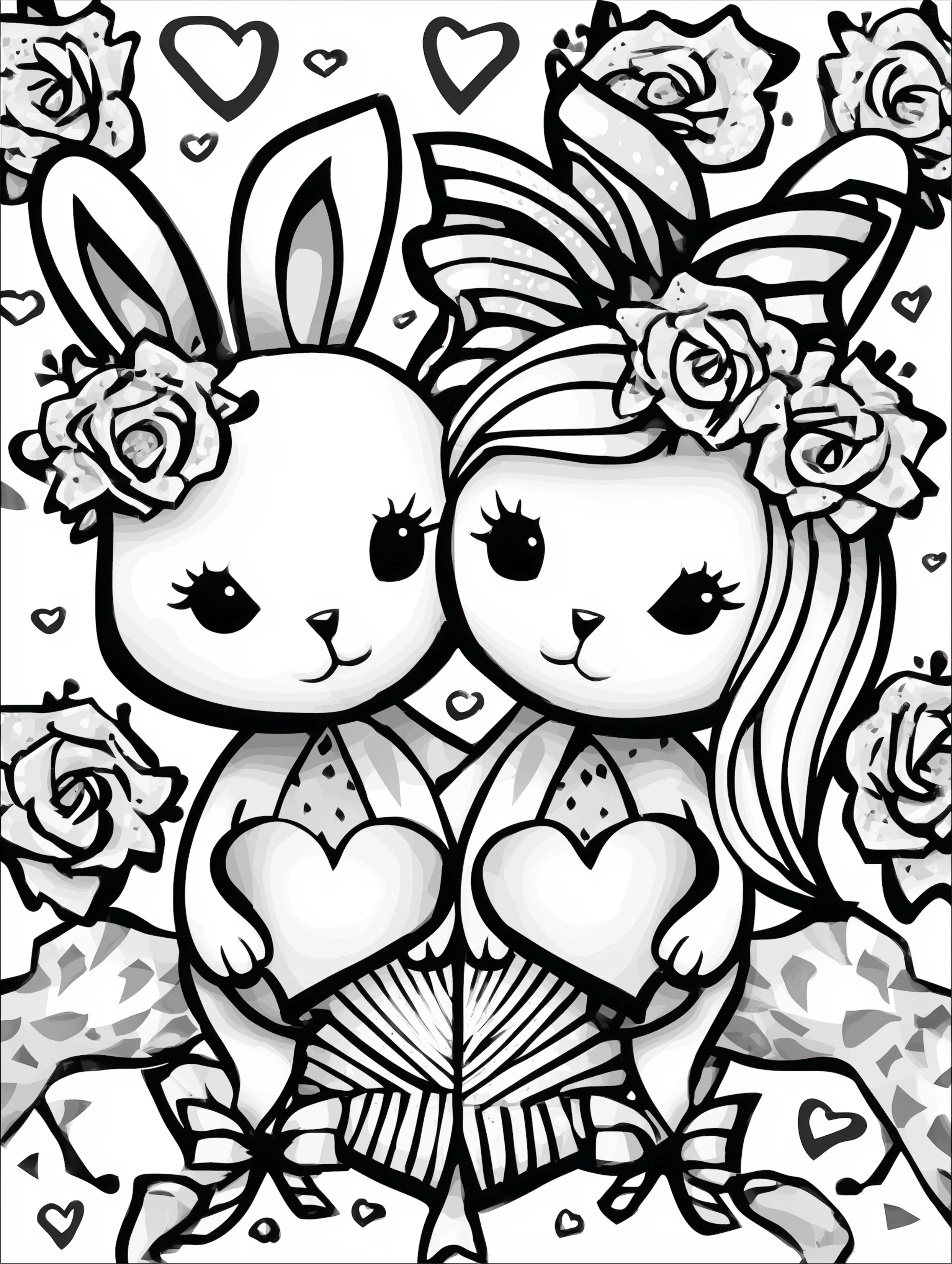 Free printable valentines coloring pages for adults featuring rabbits holding hearts
